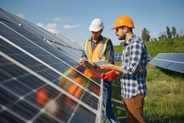 Technician Checks The Maintenance Of The Solar Panels Group Of Three Engineers Meeting At Solar Sta