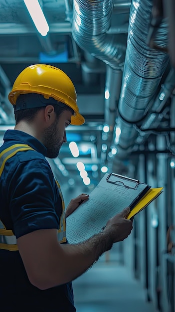 Photo a technician conducting an energy audit in building wearing yellow hard hat and safety vest carefully reviewing documents in well lit industrial environment