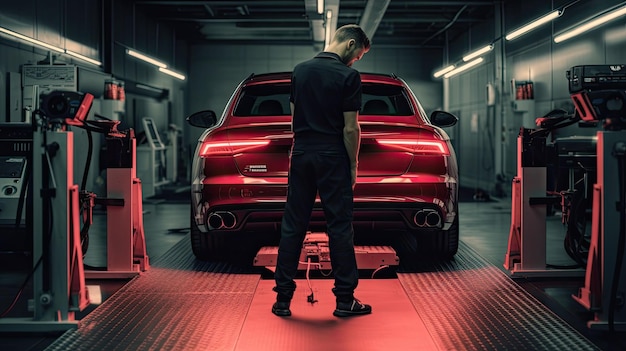 Technician conducting a wheel align photo realistic