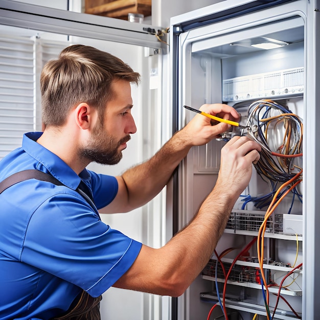 Photo a technician connecting wires inside a refrigerators back panel