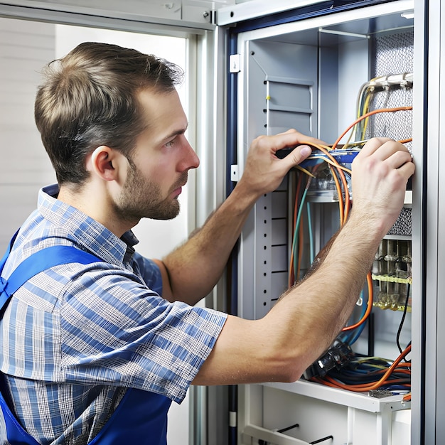 Photo a technician connecting wires inside a refrigerators back panel