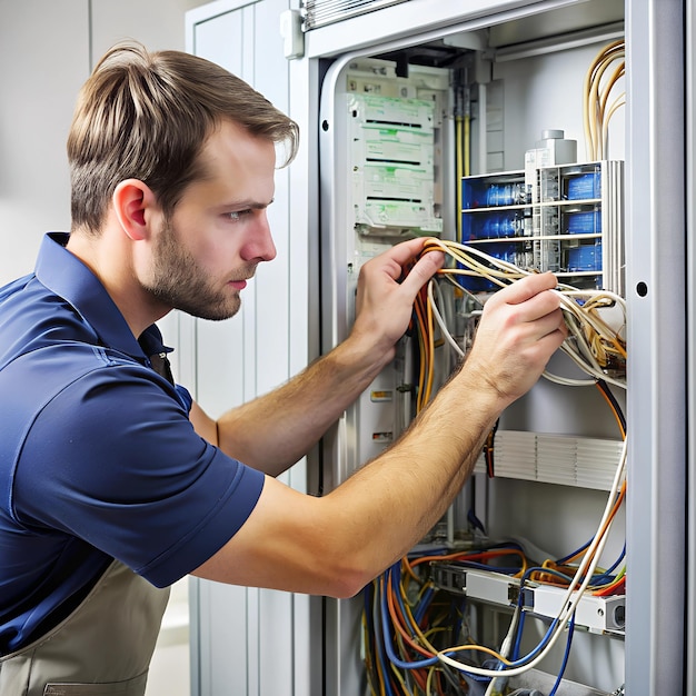 Photo a technician connecting wires inside a refrigerators back panel