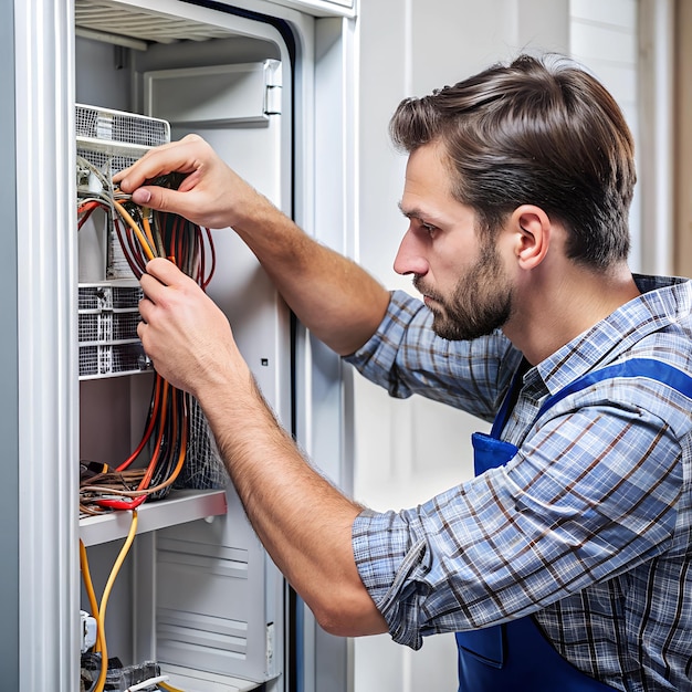 Photo a technician connecting wires inside a refrigerators back panel