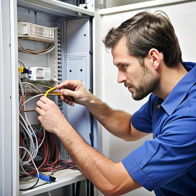 Photo a technician connecting wires inside a refrigerators back panel