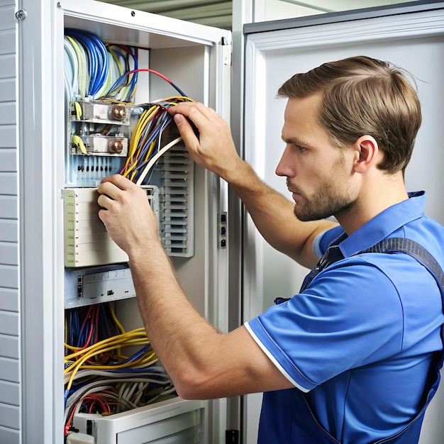 Photo a technician connecting wires inside a refrigerators back panel