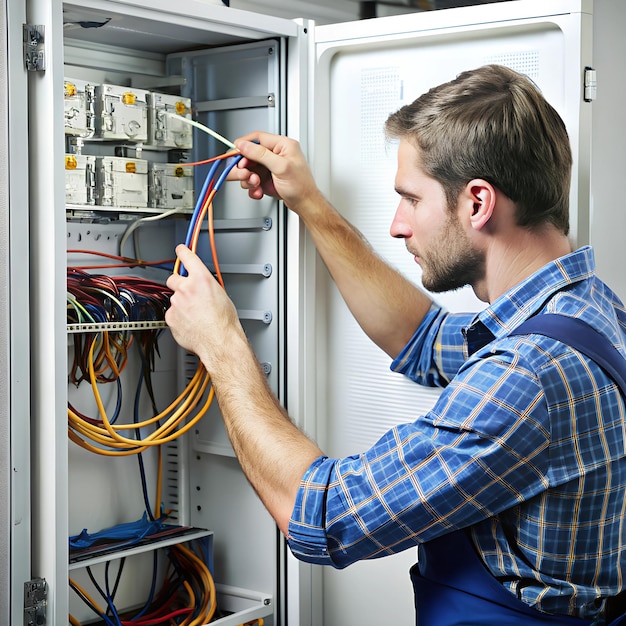 A technician connecting wires inside a refrigerators back panel