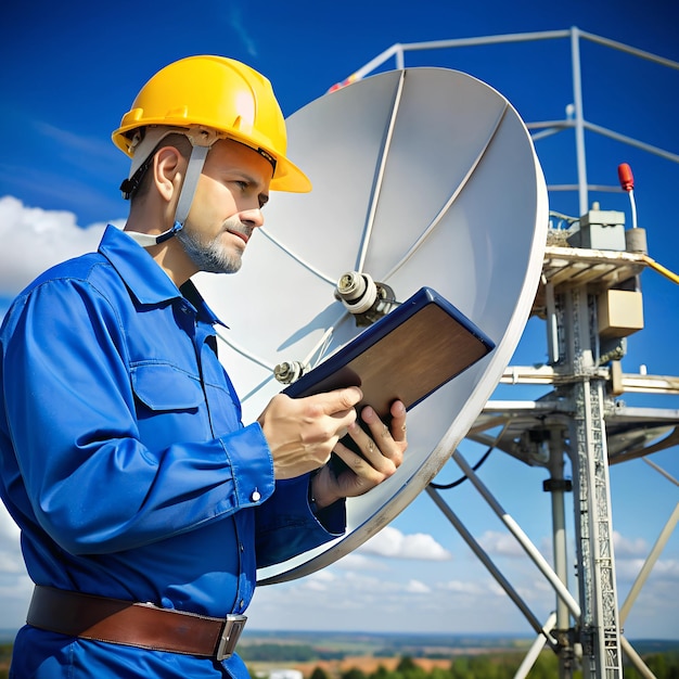 Photo technician consulting a manual while repairing a complex antenna system