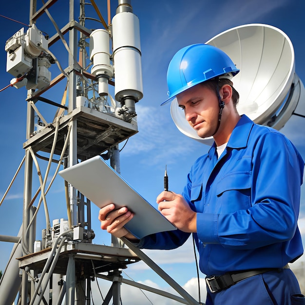 Technician consulting a manual while repairing a complex antenna system