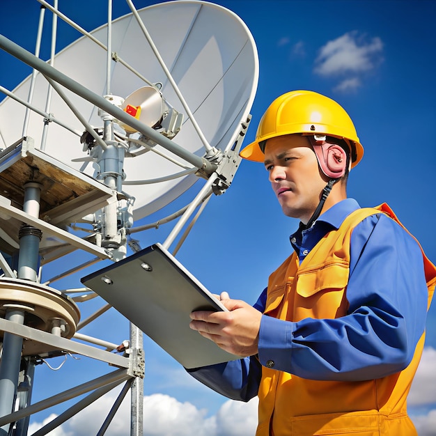 Technician consulting a manual while repairing a complex antenna system