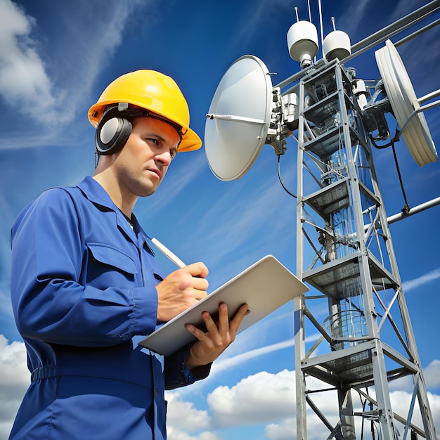 Technician consulting a manual while repairing a complex antenna system