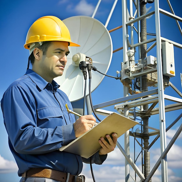 Technician consulting a manual while repairing a complex antenna system