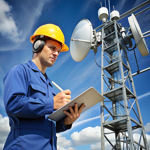 Technician consulting a manual while repairing a complex antenna system