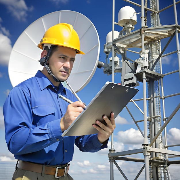 Technician consulting a manual while repairing a complex antenna system