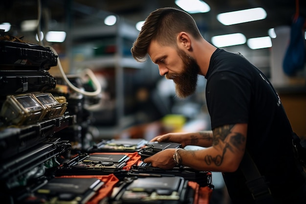 Technician Engages with an EV Car Battery Cell Module AI