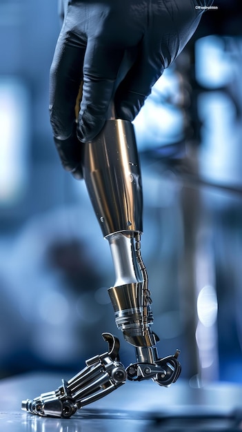 Photo technician fitting a prosthetic leg for a patient prosthetics