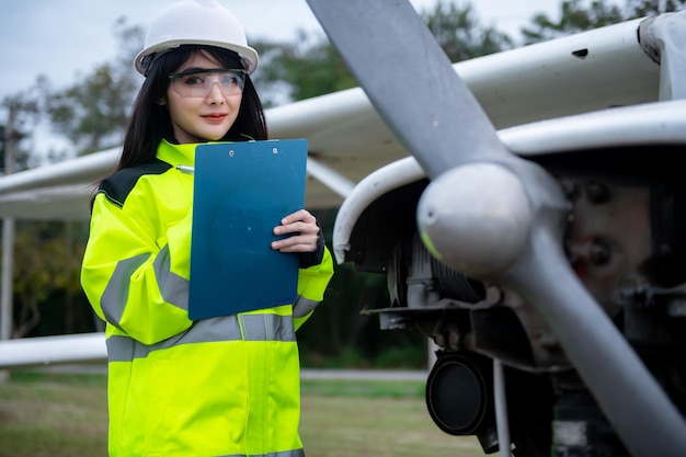 Technician fixing the engine of the airplaneFemale aerospace engineering checking aircraft enginesAsian mechanic maintenance inspects plane engine