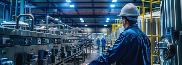 A technician in a hard hat monitors the brewing process inside a modern industrial facility