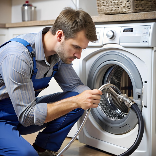 A technician inspecting a washing machines water inlet hose