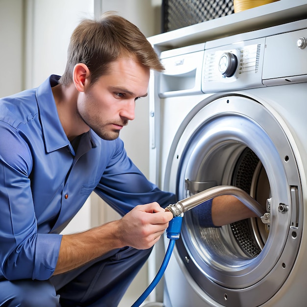 A technician inspecting a washing machines water inlet hose