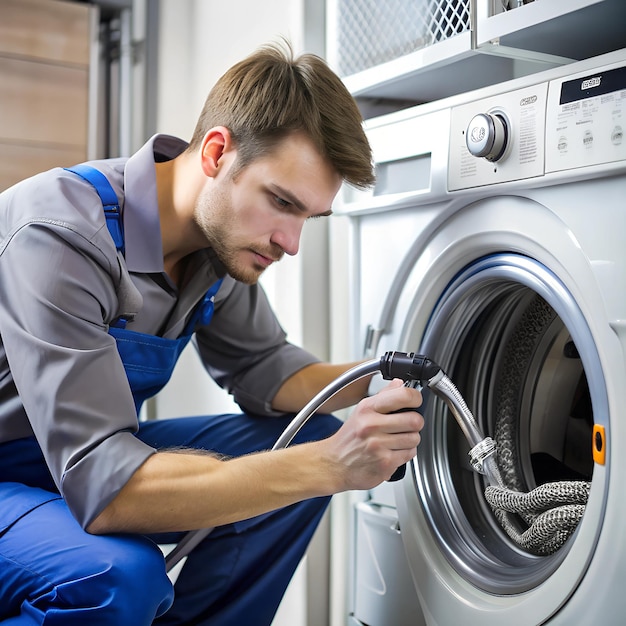 Photo a technician inspecting a washing machines water inlet hose