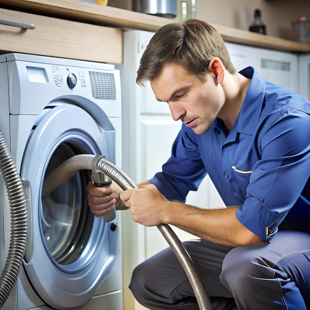 Photo a technician inspecting a washing machines water inlet hose