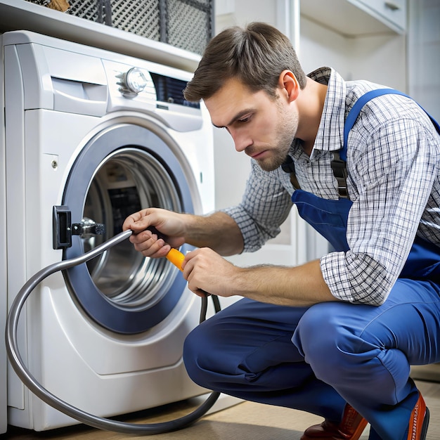 A technician inspecting a washing machines water inlet hose