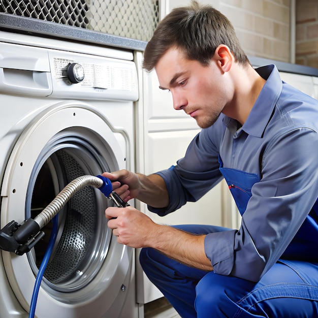 A technician inspecting a washing machines water inlet hose