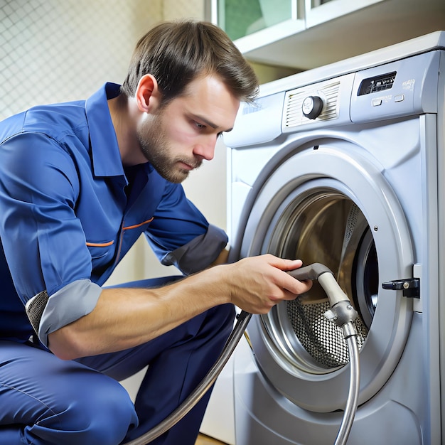 Photo a technician inspecting a washing machines water inlet hose