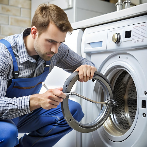 Photo a technician inspecting a washing machines water inlet hose