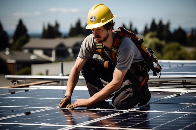 A technician installing the solar panels at roof top of home and home office concept of economic energy and cost saving own small business Photovoltaic Panels Generative Ai