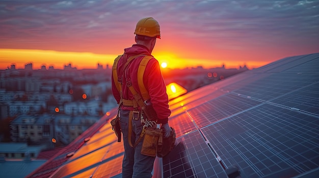 Technician Installing Solar Panels at Sunset on Urban Rooftop