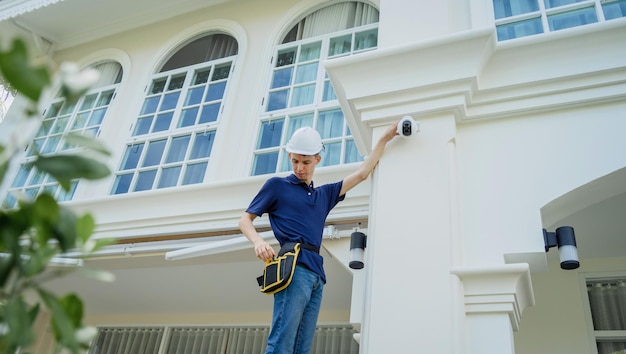 A technician installs a cctv camera on the facade of a residential building