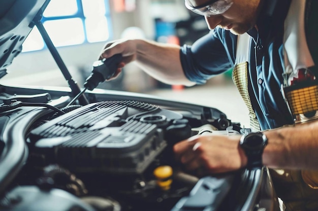 Technician is inspecting engine system car radiator and engine cooling system