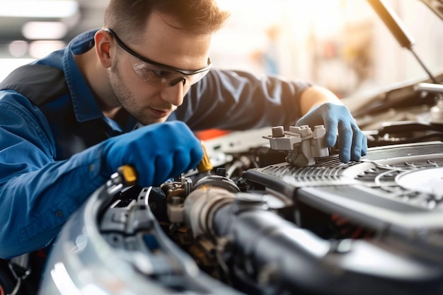 Technician is inspecting engine system car radiator and engine cooling system