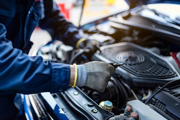 Technician is inspecting engine system car radiator and engine cooling system