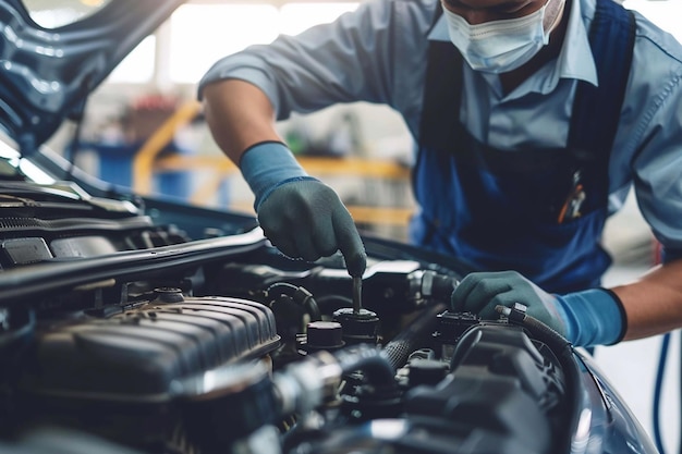 Technician is inspecting engine system car radiator and engine cooling system