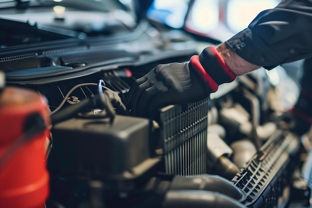 Technician is inspecting engine system car radiator and engine cooling system