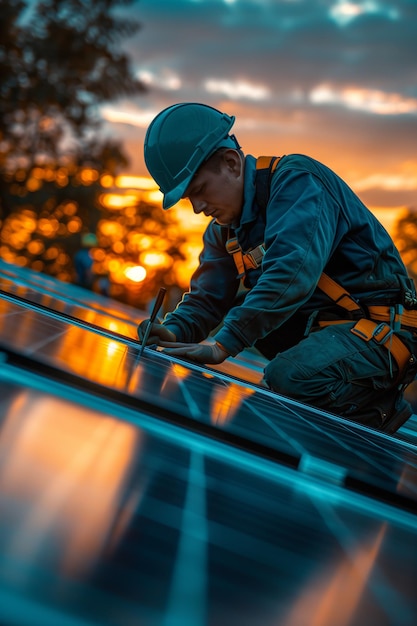 A technician is installing solar panels at a photovoltaic power station