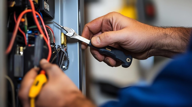 Photo a technician is working on electrical wires