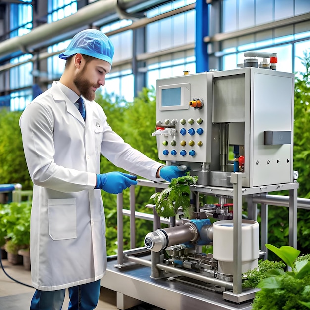 A technician in a lab coat operates a high tech machine for controlled plant growth in a greenhouse environment