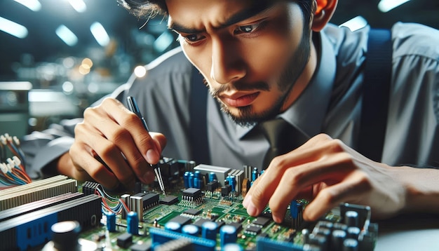 A technician meticulously works on a circuit board with a focused expression his hands holding tool