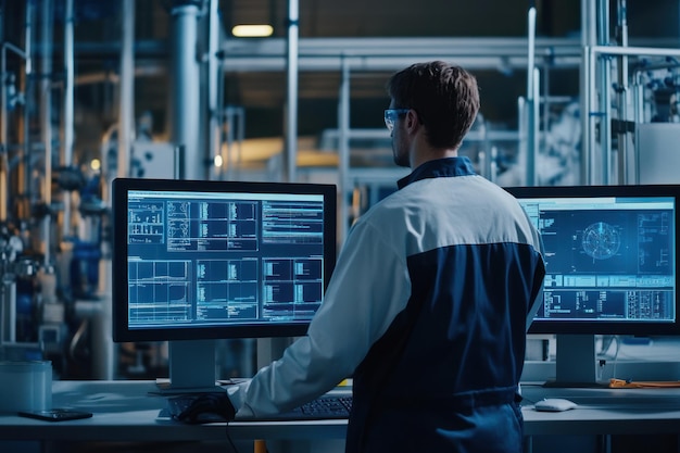 Technician Monitoring Data on Computer Monitors in Industrial Setting