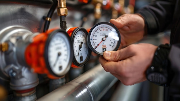 Photo technician monitoring pressure gauges in an industrial setting for optimal performance and safety standards