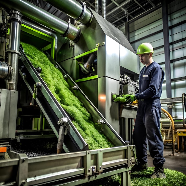 Photo a technician operates a large industrial machine processing green materials