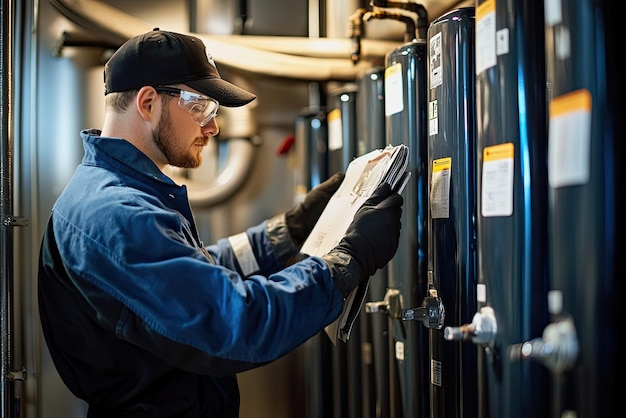 Photo technician performing maintenance on commercial boiler checking equipment and ensuring optimal performance focused expression highlights importance of safety and efficiency in workplace