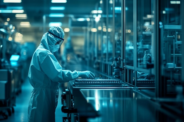 A technician in protective gear works in a modern lab The blue lighting adds a futuristic touch This image captures the essence of innovation and science Generative AI