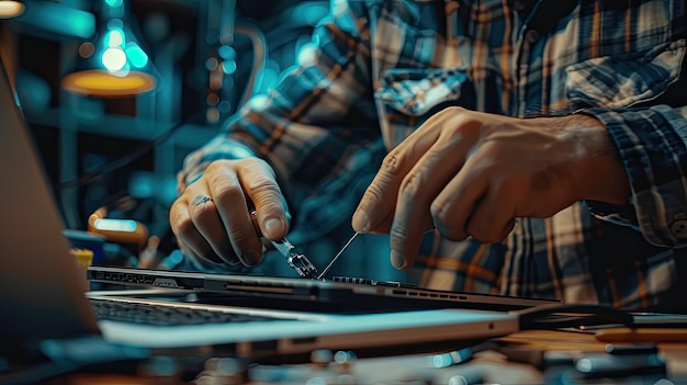 Technician repairing a broken laptop screen carefully replacing parts