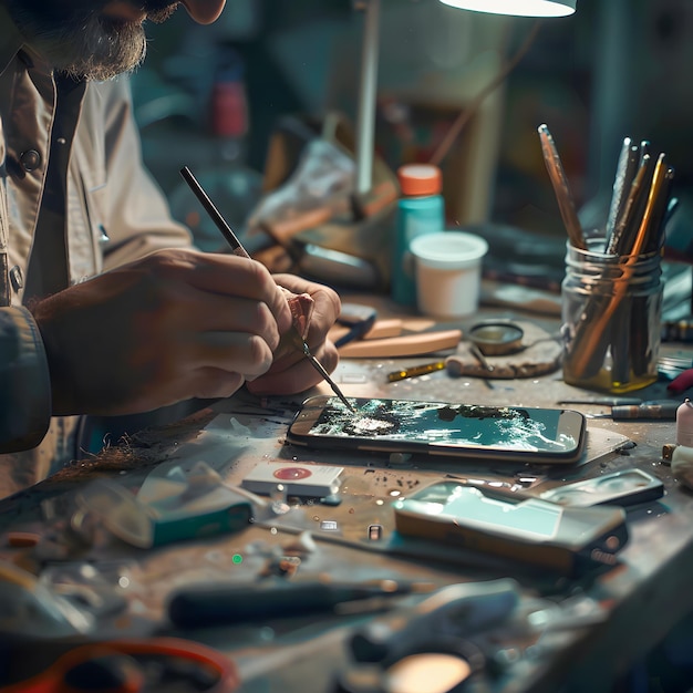 Technician repairing broken smartphone at table indoors closeup