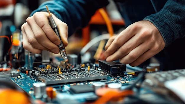 Photo technician repairing an electronic circuit board