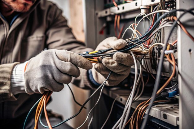 Photo technician repairing faulty wiring with exposed connections